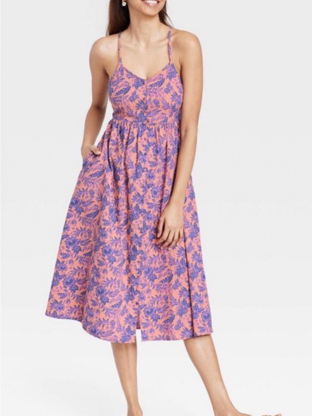 Universal Thread Coral and Purple Floral Spaghetti-Strap Midi Dress